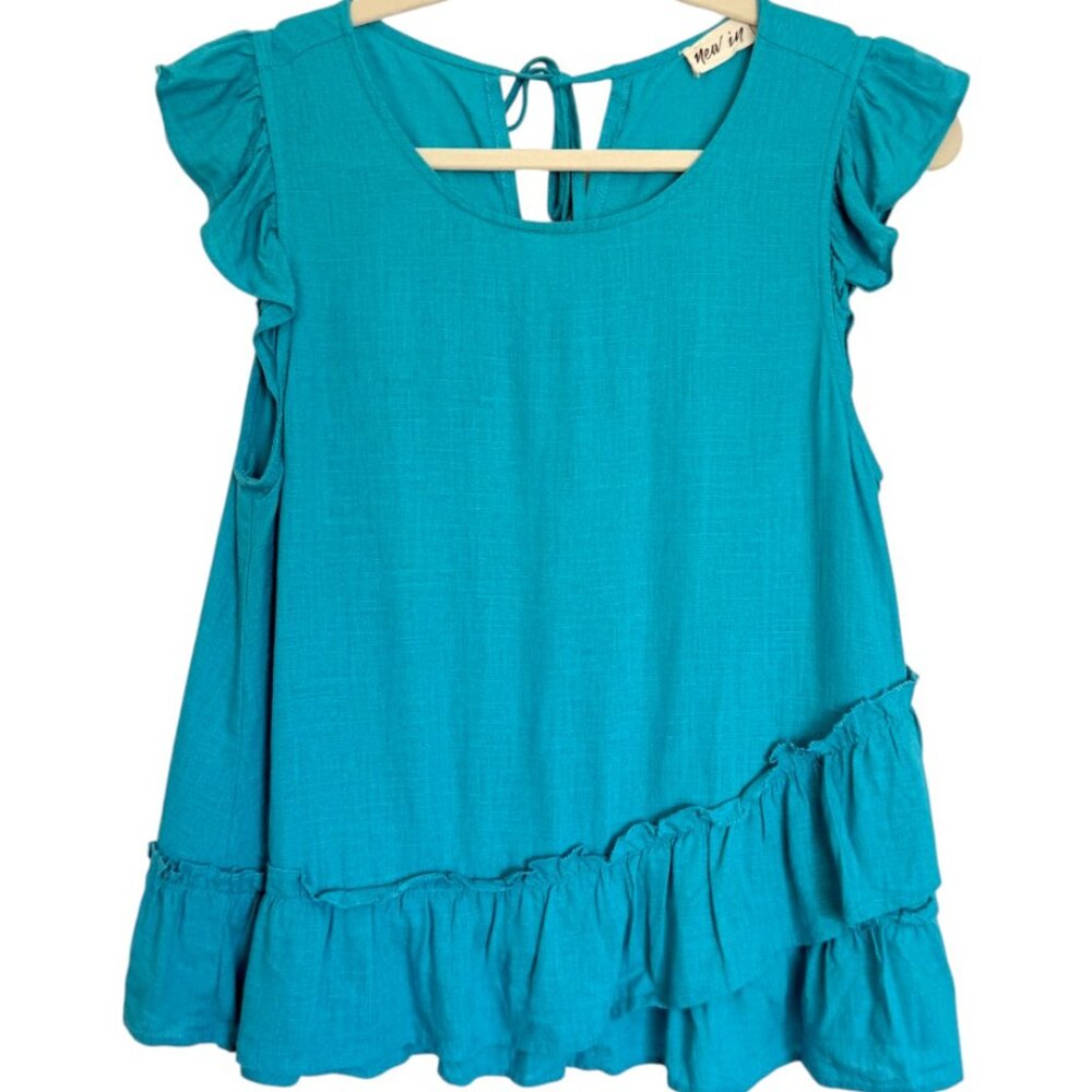 Teal Ruffle Sleeves and Hem Womens Top Size Medium Super Cute